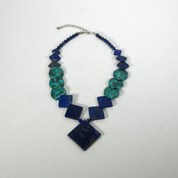 Jay King Mine Finds w Round Shaped Turquoise w/ Lapis Triangle Bead Necklace 925 - Picture 7 of 10